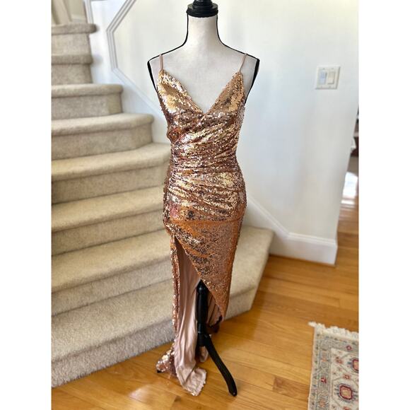 Fashion Nova Dresses & Skirts - NWT Fashion Nova Rose Gold Beautiful Escape Maxi Sheath Slit Dress
